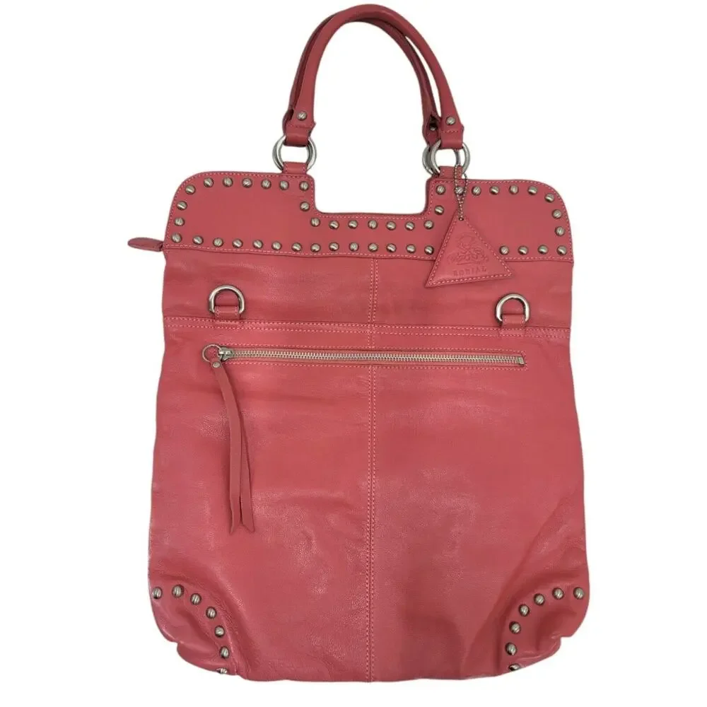 Sorial Studded‎ Leather Tote Shoulder Bag Pink Coral Boho Moto Satchel Purse